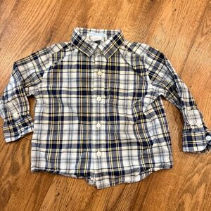 Janie and Jack Boys Navy Yellow Plaid Button Down Shirt 18-24 Months Cotton